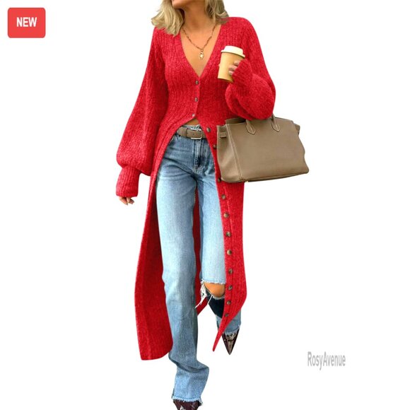 V-Neck Button Down Chunky Knit Maxi Sweater Dress Elegant Layering Piece